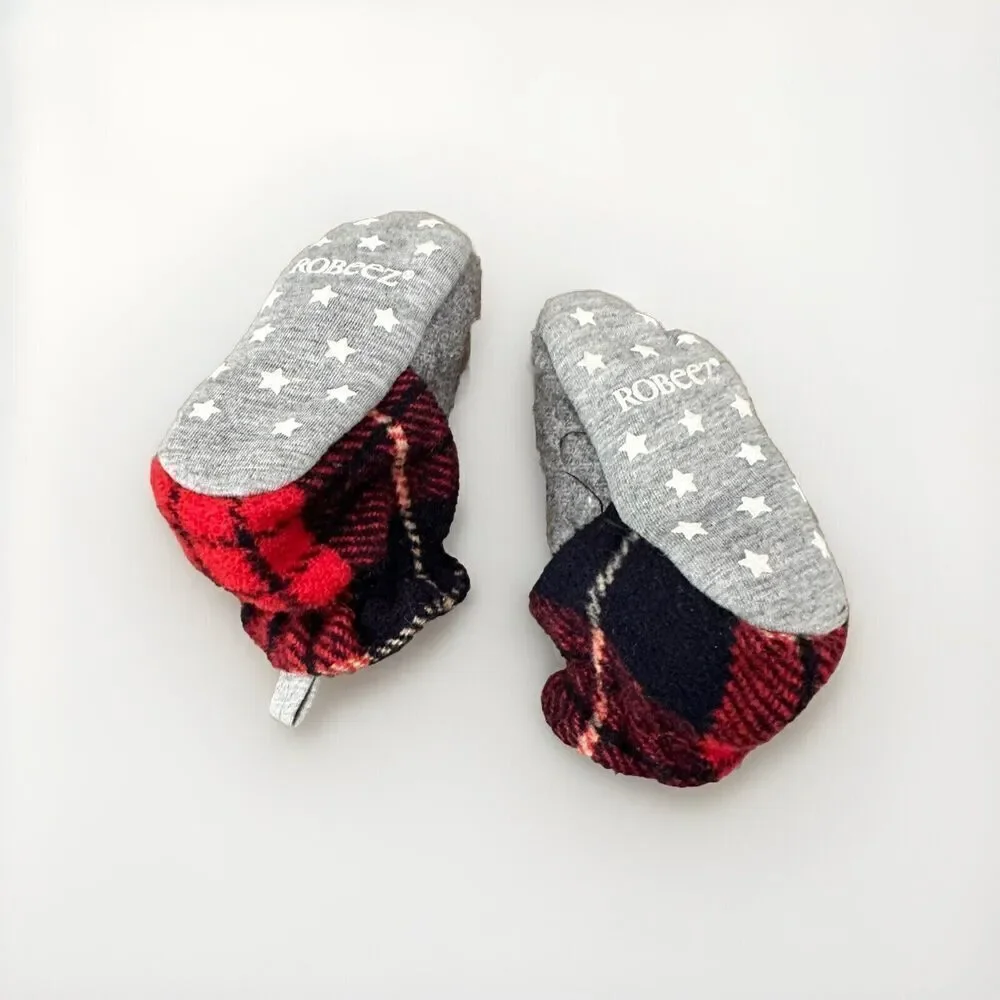 Robeez Leather Flannel Plaid Grey Black Crib Shoes Boots baby boy 6-12 M EUC